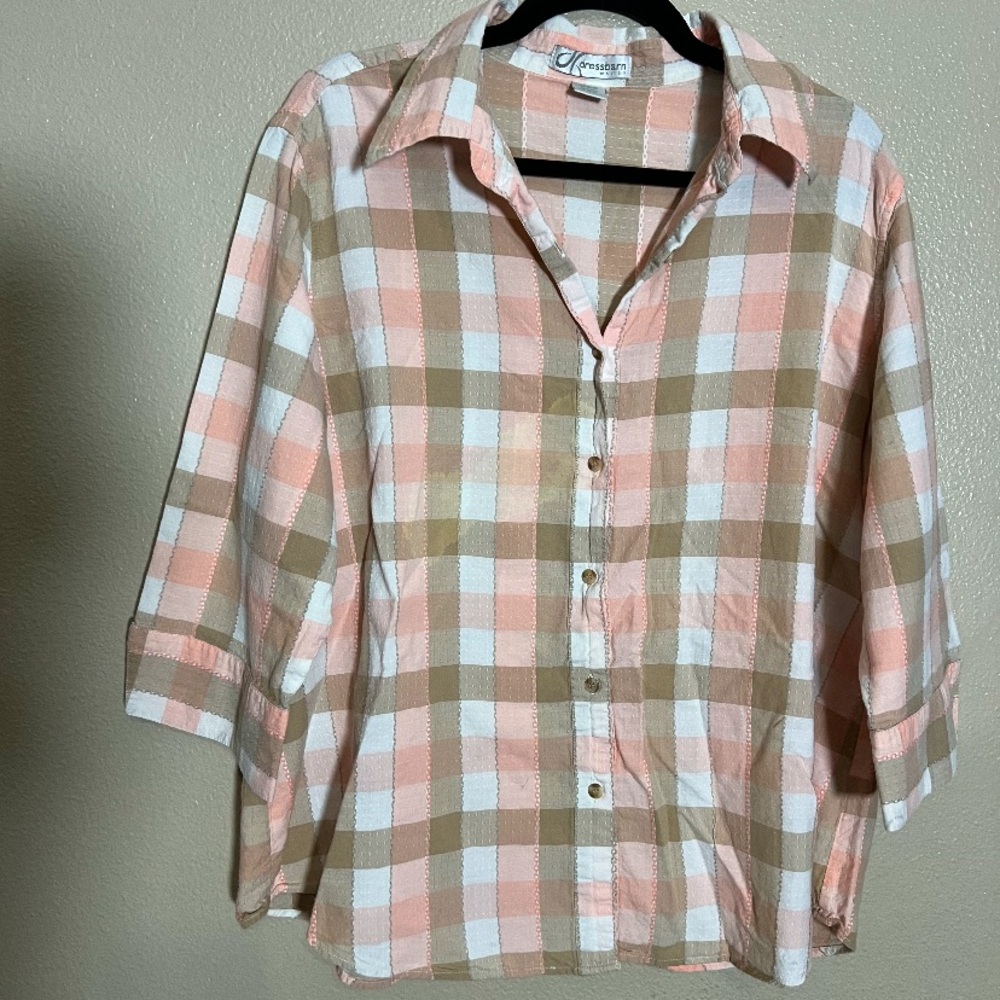 Dressbarn Pink and Tan Plaid Button Down Shirt with 3/4 Sleeves size 22W/24W